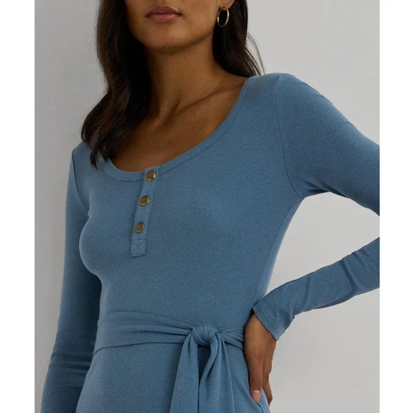 Lauren Ralph Lauren Women Belted Rib Knit Henley Dress Blue Dusk Size S - Picture 3 of 5